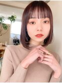 丸みボブ ぱっつん前髪 顔周りカット カシスブラウン 20代