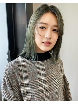 カノエ(canoe) ブリーチカラー オリーブ 顔周りレイヤー 20代【西新大濠荒戸】