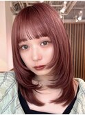 顔周りレイヤーカットグレージュカラーくびれボブベージュカラー