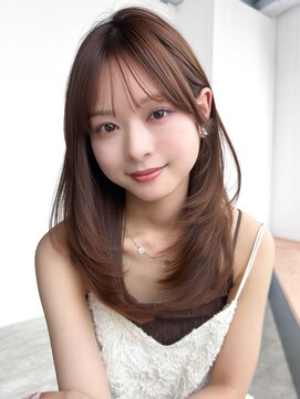 ロング顔周りレイヤーココアベージュ前髪カット_F31064