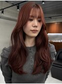 ダブルカラーチェリーレッドピンクブラウン韓国レイヤーロング