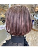 ハイライトワンカールボブ内巻きケアブリーチ前髪あり30代40代