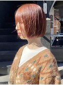 毛利/ブリーチなしオレンジベージュ暖色カラー 切りっぱなしボブ
