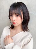黒髪/グレーベージュ/レイヤーロング/前髪パーマ