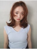 ミディアムレイヤー/レイヤーカット/くびれヘアオレンジベージュ