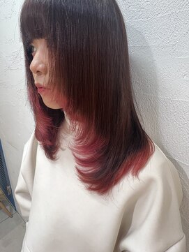 アジールヘア 池袋東口店(agir hair) イメチェン似合わせフルバングカット裾レッドカラー池袋
