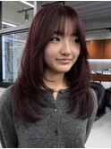 ダブルカラーチェリーレッドピンクブラウン韓国レイヤーロング