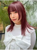 ワインレッド赤髪ボルドーカラー顔まわりカットレイヤーカット