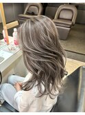 前髪ハイライトカラーこなれミディイメチェンウェーブパーマ