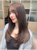 小顔薄めバンググレージュレイヤーロング前髪パーマ黒髪