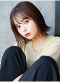 ぱっつん前髪薄めバング鎖骨ミディアムボブ耳かけボブパーマ小顔