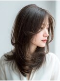 顔周りカットハッシュカットロングレイヤーダークブラウン
