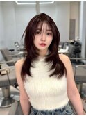 ひし形ミディアム前髪黒髪ボブルフネビージュ小顔ワンレン