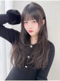 レイヤーシースルーぱっつん前髪おくれ毛ロブミディアムロング