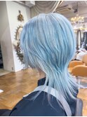 ペールブルー☆青髪ミディウルフ