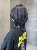 ウルフカット、ミディアムレイヤー、ぱっつん前髪、ブルー、青