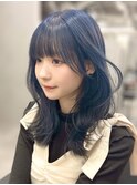 【小顔レイヤーカット】韓国風巻き/ミディアム/ブルーカラー