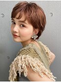 グレーベージュ ベビーピンク ショートヘア斜めバング銀座東京