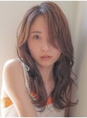 ロング前髪なし顔周りレイヤー透明感ブリーチハイライトベージュ