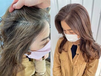 ユイマァル 岡山店(YUIMARL)の写真/《脱白髪染めカラー・髪質改善カラー》頭皮への負担も軽減し、白髪もお洒落に染め上げる★艶感溢れる髪に