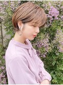大人かわいい、耳掛け、小顔ショートボブ、ココアブラウン