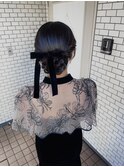 シニヨン アップスタイル ベロアリボン 参列ヘア お呼ばれヘア