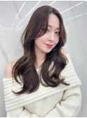 顔周りレイヤー韓国ヘアロング暗めカラー_F40466