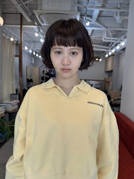 ヒュージ 表参道(huge) ミニボブ/ニュアンスパーマ/前髪カット/オリーブグレージュ