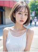 ナチュラルボブレイヤーカットウェットヘアオリーブベージュ