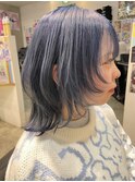 ブルーシルバー ネイビー ウルフカット ケアブリーチ グレー