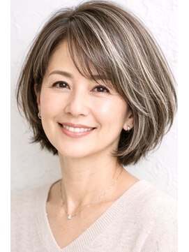 白髪ぼかしハイライト×レイヤーボブ　40代/50代/60代