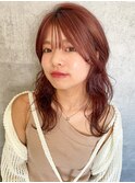 レッドブラウン 韓国風ヘア ロングスタイル