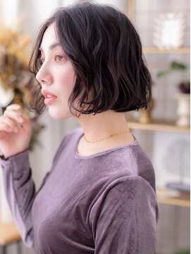かきあげバングくせ毛風ラフウェーブ黒髪ボブa北浦和30代40代