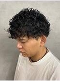 モテる黒髪アッシュブラック波巻きマッシュパーマ【新大阪】