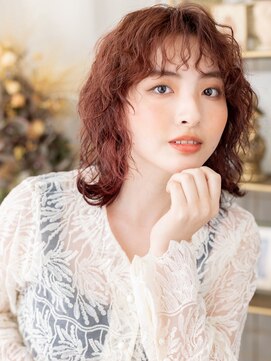 カバーヘア ブリス 北浦和(COVER HAIR bliss) 濡れ髪くるくるパーマミディアムボブウルフワインレッドa北浦和