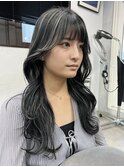 ハイライト/小顔/ボブウルフ/ネイビージュ/黒髪/ワンレン
