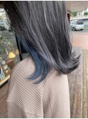 切りっぱなしロブ×インナーカラー×ブルー×アッシュグレー