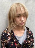 13161メンズボブウルフカットブリーチデザインロングレイヤー