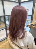 ピンクブラウン艶カラー大人可愛いゆるふわセミロングレイヤー