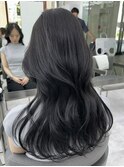 美髪カールブルーブラック韓国レイヤーロングセミディ顔周り前髪