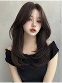 シースルーぱっつんベージュカラーワンホンヘアロングレイヤー◎