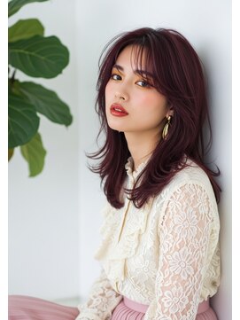 チェリーレッド/バタフライカット/エアウェーブパーマ