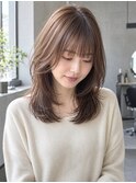 ミディアム/レイヤーカット/ぱっつんバング/ピンクブラウン