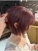 切りっぱなしボブ顔まわりレイヤー分リーチありピンクカラー