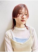 ミディアムウルフレイヤーシースルーバングダブルカラーピンク