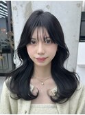 美髪カールブルーブラック韓国レイヤーロングセミディ顔周り前髪