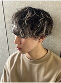 メンズナチュラルマッシュシャドウパーマホワイトメッシュ