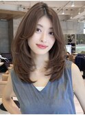 セミロング30代40代ストレートレイヤー前髪なし前髪あり【山岡】