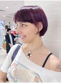 プラムカラー　パープルカラー　艶カラー　ワインレッド　ボブ