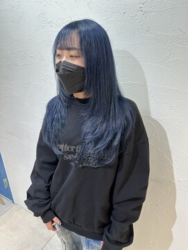 アジールヘア 池袋東口店(agir hair) ブリーチ1回~ネイビーブルー顔周りレイヤーロングレイヤー池袋
